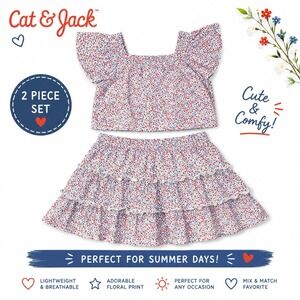 Cat & Jack Girls 2pc Floral Crop Top and Tiered Skort Set Red Blue Size M 8